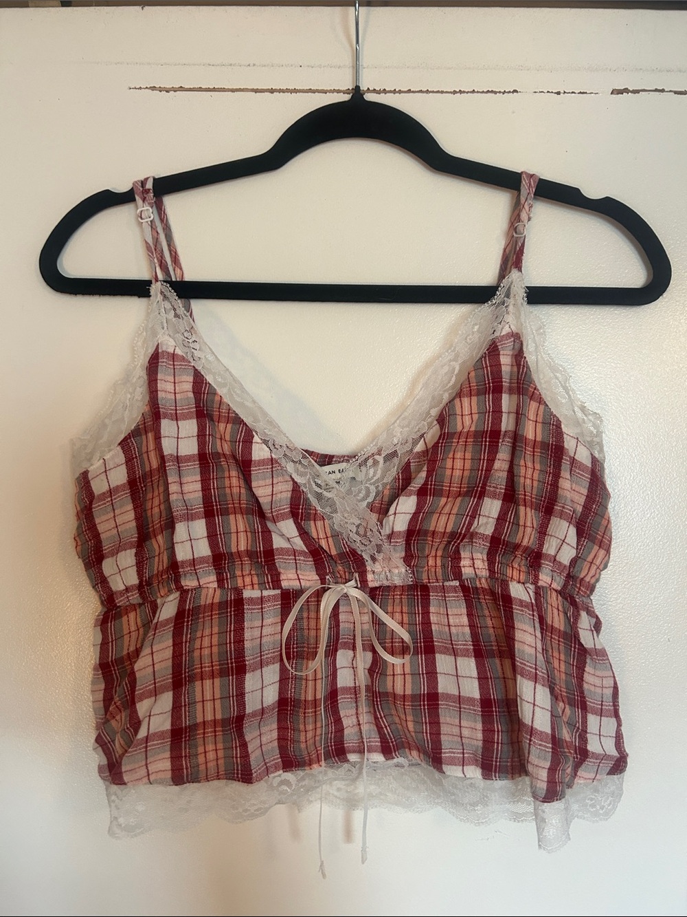 American Eagle Outfitters Red & White Plaid Lace-Trim Cami